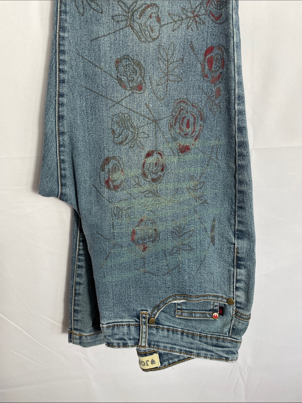 Joe Boxer Blue Denim Flare Jeans with Red Floral Accents